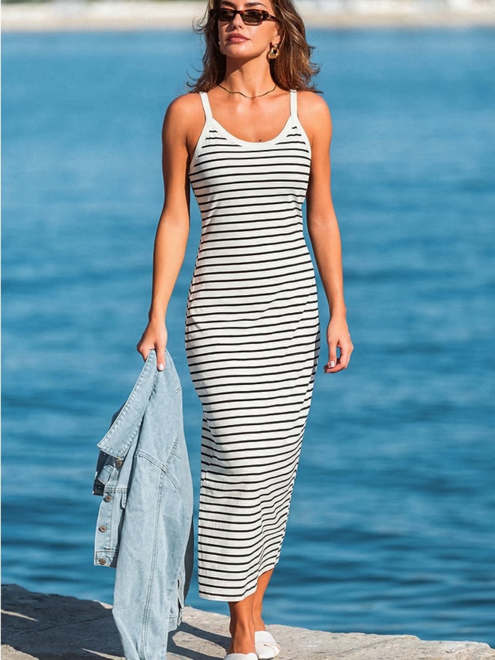 Cupshe White and Black Striped Tank Maxi Dress